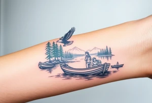 Northern river with evergreen along side river with a fishing boat with two with eagle flying in the sky and women and girl sitting on doc back facing tattoo idea
