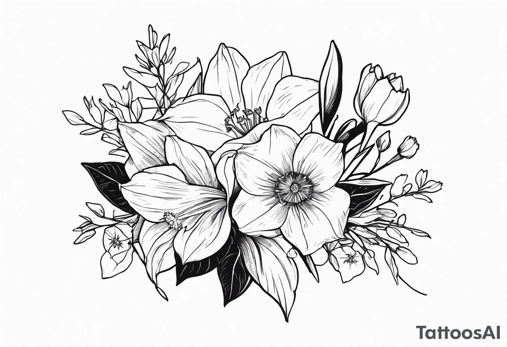 Bouquet including:
DAFFODIL
JONQUIL
ASTER
MORNING GLORY
Held together with a bow tattoo idea Bouquet including:
DAFFODIL
JONQUIL
ASTER
MORNING GLORY
Held together with a bow tattoo idea