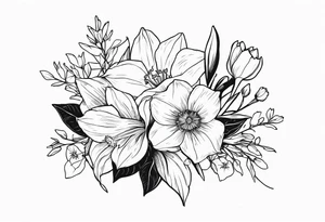 Bouquet including:
DAFFODIL
JONQUIL
ASTER
MORNING GLORY
Held together with a bow tattoo idea