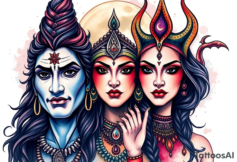 Lord Shiva, Godess Kali, Godess Lilith Together with the moon in the background tattoo idea