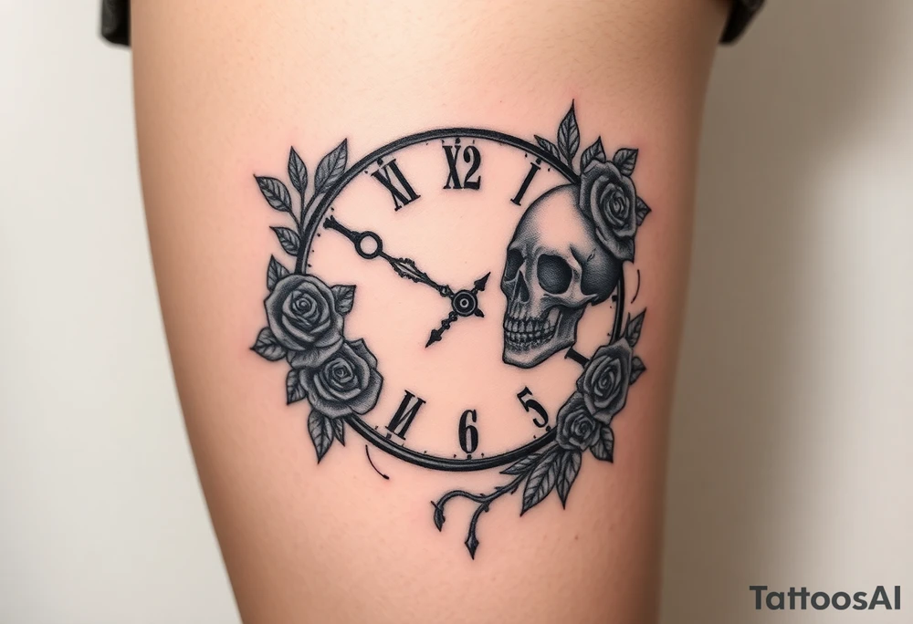 Broken Clock face 11:43 as set time. With 7 roses and skull looking to the clock feminine tattoo idea
