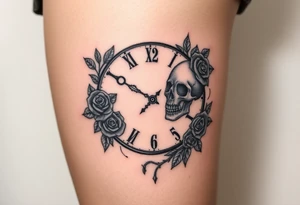 Broken Clock face 11:43 as set time. With 7 roses and skull looking to the clock feminine tattoo idea