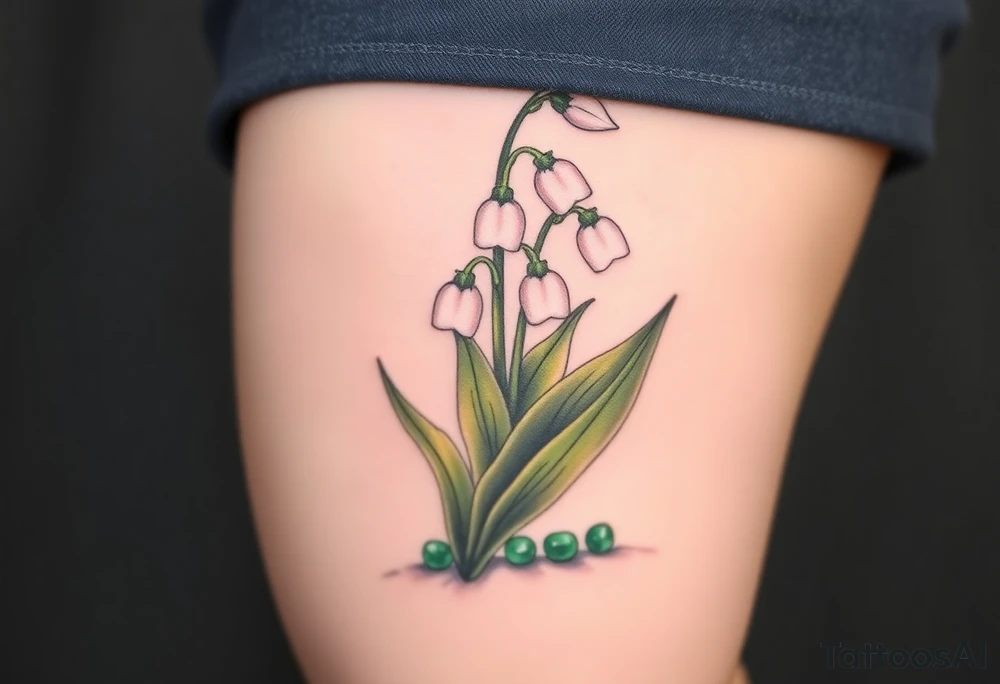 White lily in the valley bells with emeralds on the ground next to the plant tattoo idea