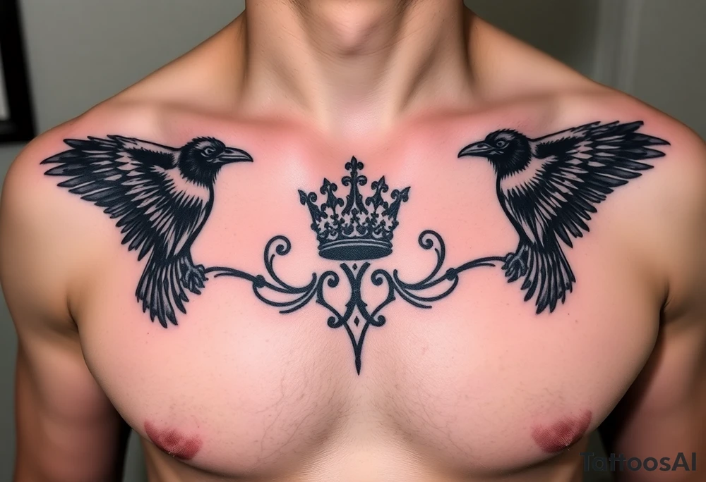 Chest tattoo, two ravens and icelandic symbols, dark brest tattoo, crown betwen ravens tattoo idea