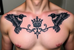 Chest tattoo, two ravens and icelandic symbols, dark brest tattoo, crown betwen ravens tattoo idea