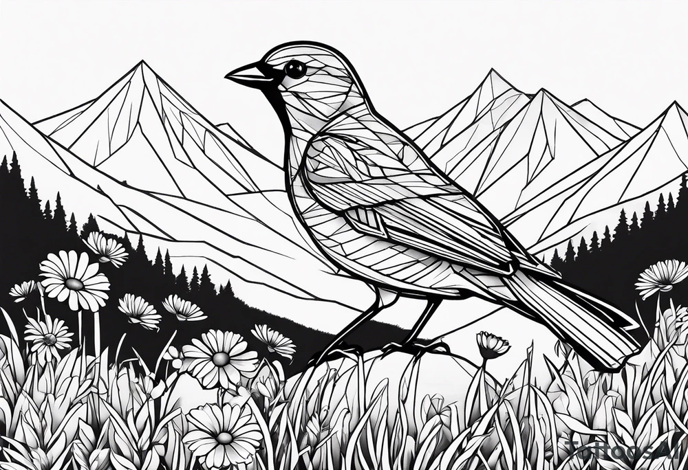 Geometric small bird outline sitting in grass and daisys with mountains in the background tattoo idea
