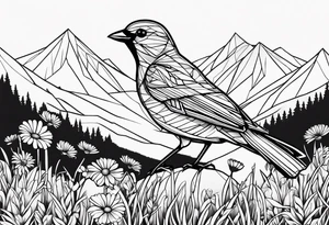 Geometric small bird outline sitting in grass and daisys with mountains in the background tattoo idea
