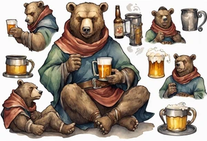 a medieval bear-human hybrid wearing a tunic and cowl and drinking from a pewter mug of beer in a tavern, laughing tattoo idea