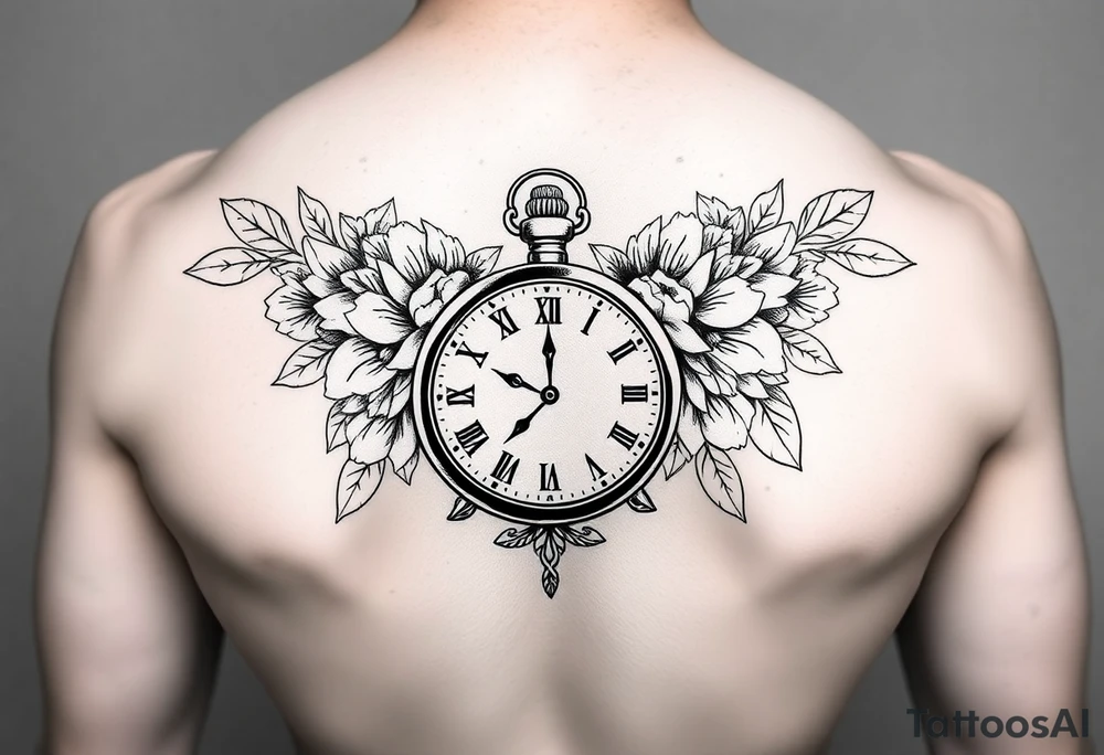 Female full sleeve black and white Mandela floral pocket watch tattoo idea