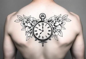 Female full sleeve black and white Mandela floral pocket watch tattoo idea