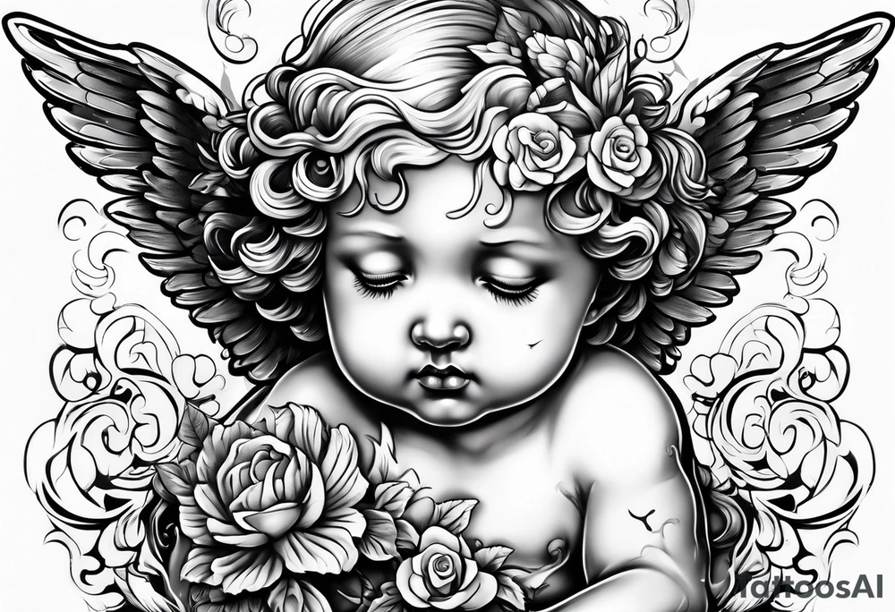 Crying cherub angel with tattoos on its arms tattoo idea
