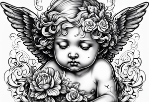 Crying cherub angel with tattoos on its arms tattoo idea