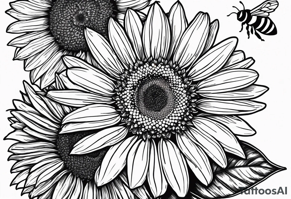 fine line drawing of gerber daisy hawaiian flowers and sunflowers with a bee and a lady bug tattoo idea
