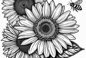 fine line drawing of gerber daisy hawaiian flowers and sunflowers with a bee and a lady bug tattoo idea