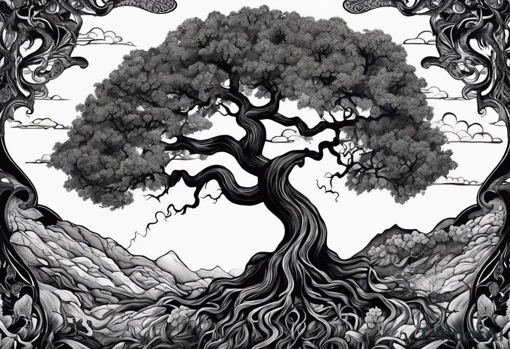 A tree reaching the sky with the roots reaching hell, having a snake around it. All based on Carl Jung ideas. tattoo idea