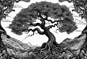 A tree reaching the sky with the roots reaching hell, having a snake around it. All based on Carl Jung ideas. tattoo idea