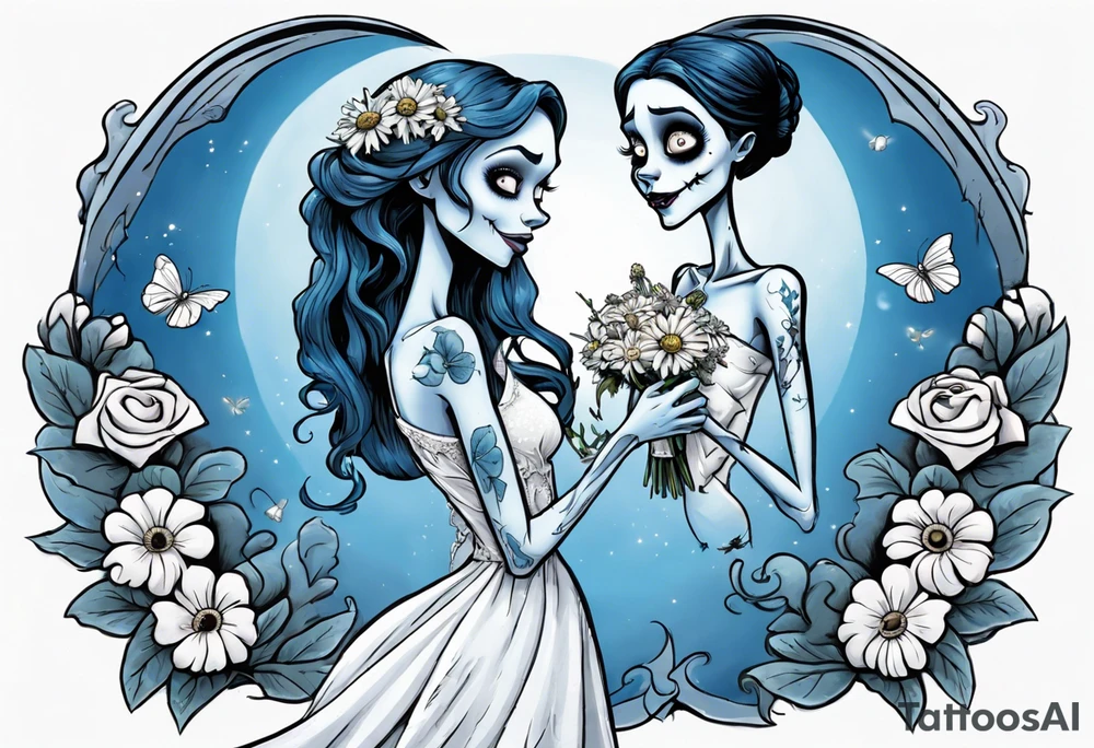 corpse bride Emily wearing a wedding dress she is holding a bouquet of flowers. one white daisy in the middle of the bouquet. one blue butterfly. A full moon on the background. full grown tattoo idea