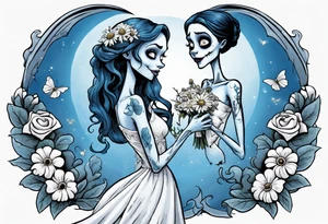 corpse bride Emily wearing a wedding dress she is holding a bouquet of flowers. one white daisy in the middle of the bouquet. one blue butterfly. A full moon on the background. full grown tattoo idea