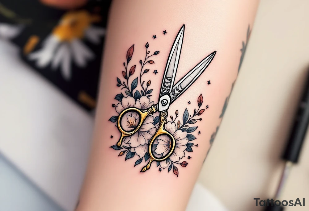 Classic Vintage Scissors Tattoo – Detailed silver vintage scissors with ornate handles, shaded in gray and black for a timeless, elegant look, surrounded by soft floral accents in muted pinks and yellows. tattoo idea