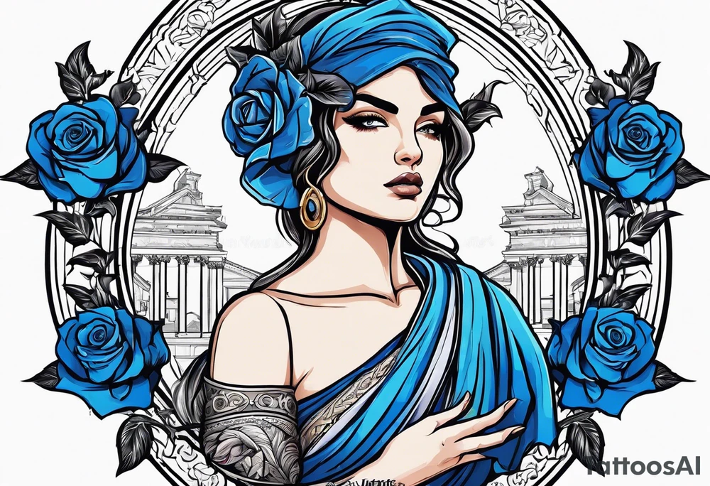 ancient rome clothes women, with scale in one hand, blue rose frames, justicia tattoo idea