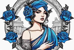 ancient rome clothes women, with scale in one hand, blue rose frames, justicia tattoo idea