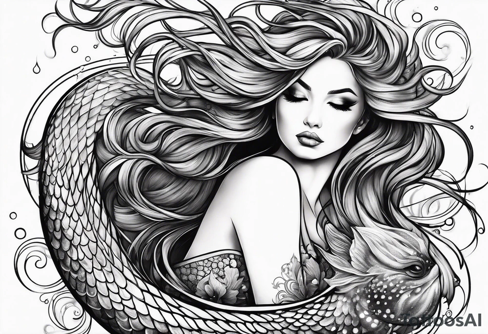 mystical sultery
 mermaid with long 
flowing tail and hair, tattoo sleeve tattoo idea