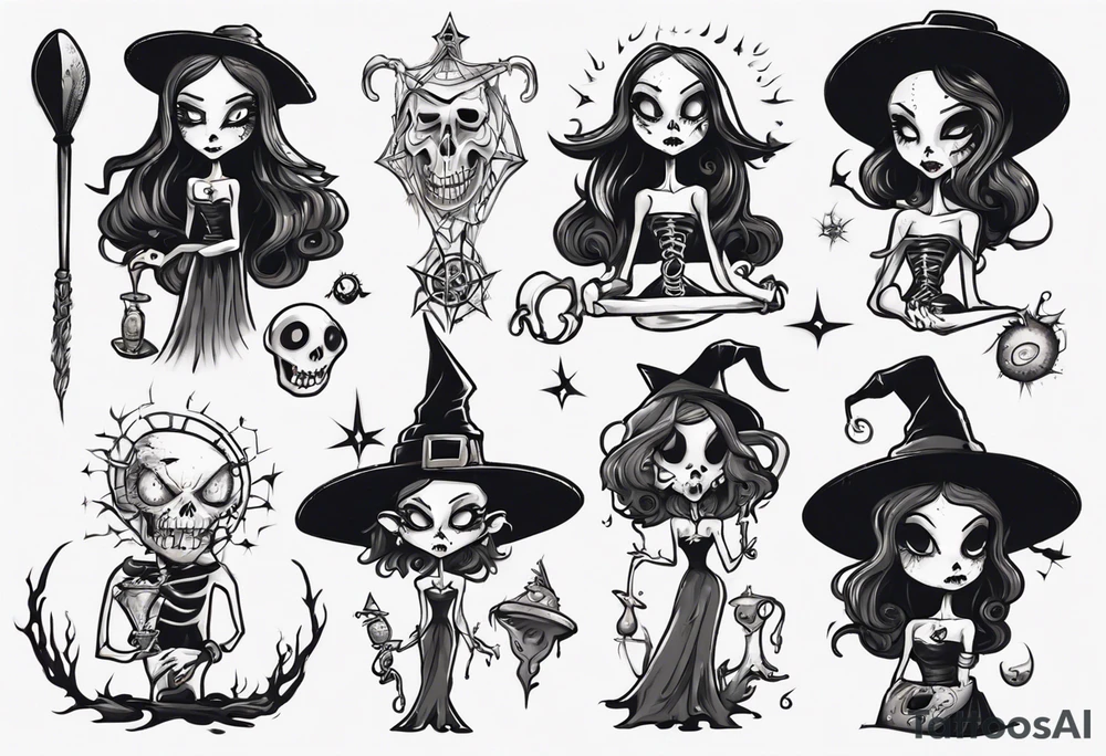 a Tim Burton-style witch necromancer tattoo idea