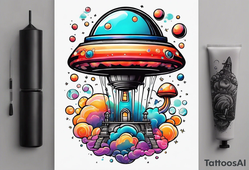 thin rocketship with a psychedelic mushroom top with fire coming out the bottom bursting out of bubble as the bubble pops tattoo idea