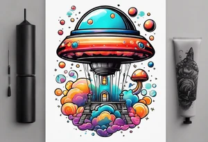 thin rocketship with a psychedelic mushroom top with fire coming out the bottom bursting out of bubble as the bubble pops tattoo idea