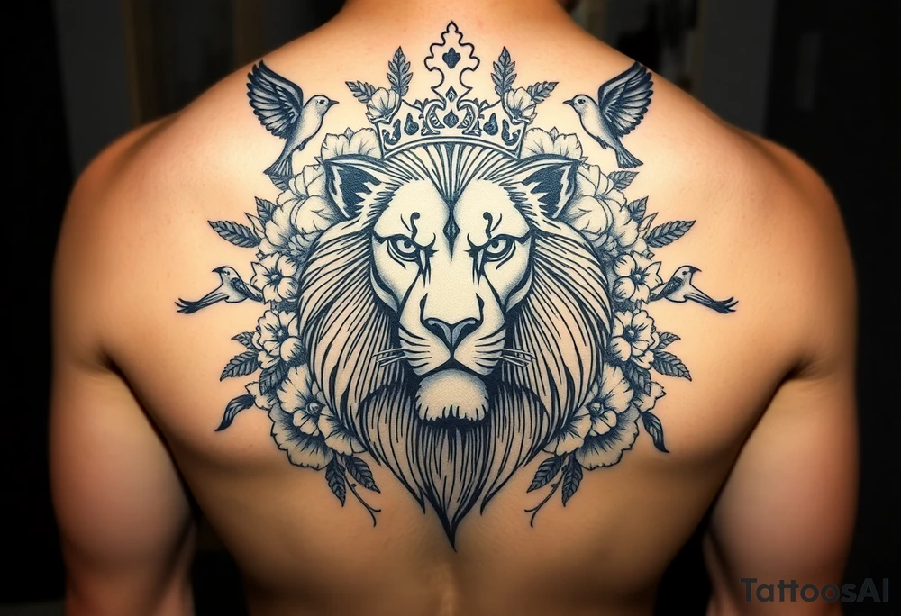 powerful majestic lion with a crown, surrounded by floral ornaments and birds tattoo idea