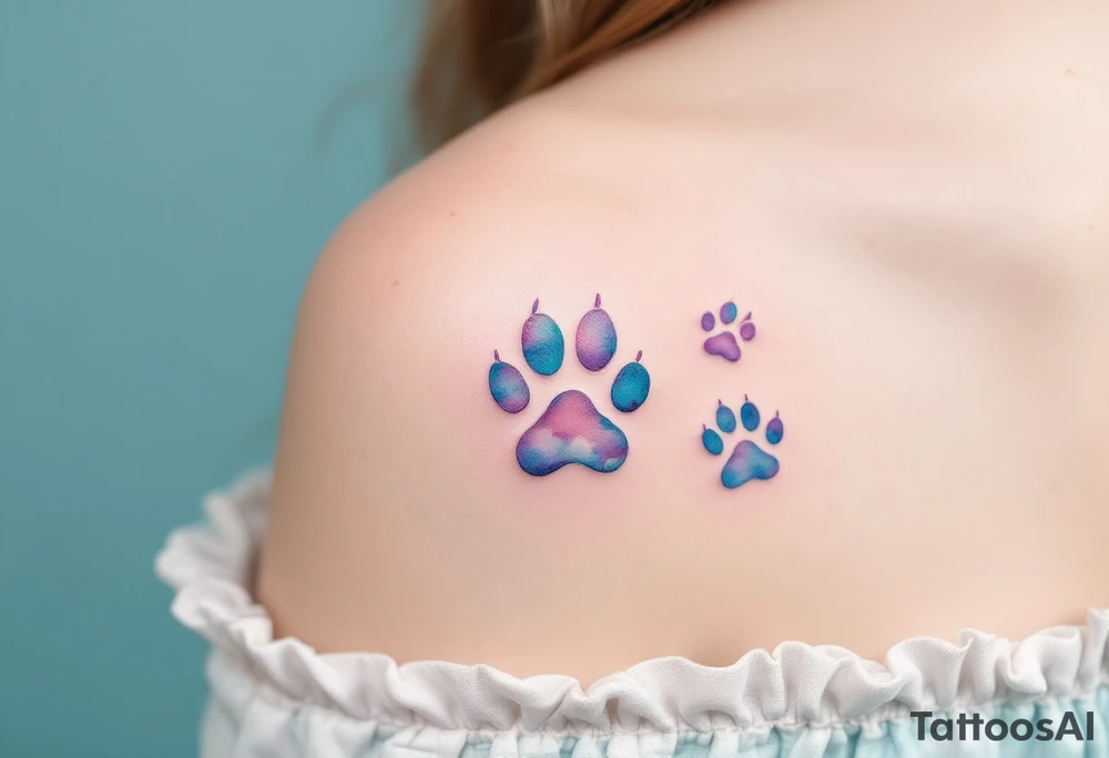 Pastel Cloud Paw Prints – Dreamy cloud-like prints in baby blue, lavender, and soft pink with blurred edges, giving a soft and whimsical look. tattoo idea