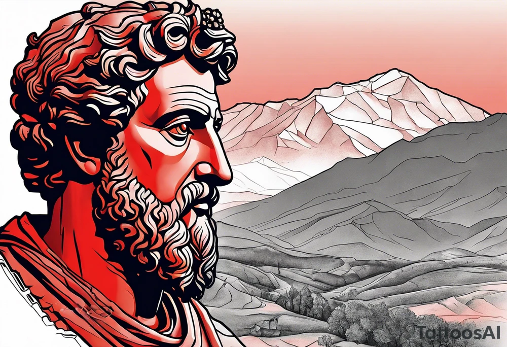 A grey statue of the face of Marcus Aurelius looking toward the observer in a 25 degree angle. The bottom left part of the statue is broken. The Background are mountains in a red hue. tattoo idea