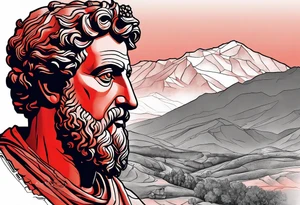 A grey statue of the face of Marcus Aurelius looking toward the observer in a 25 degree angle. The bottom left part of the statue is broken. The Background are mountains in a red hue. tattoo idea