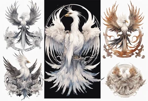 a white phoenix wearing iron halo, perched on a throne tattoo idea