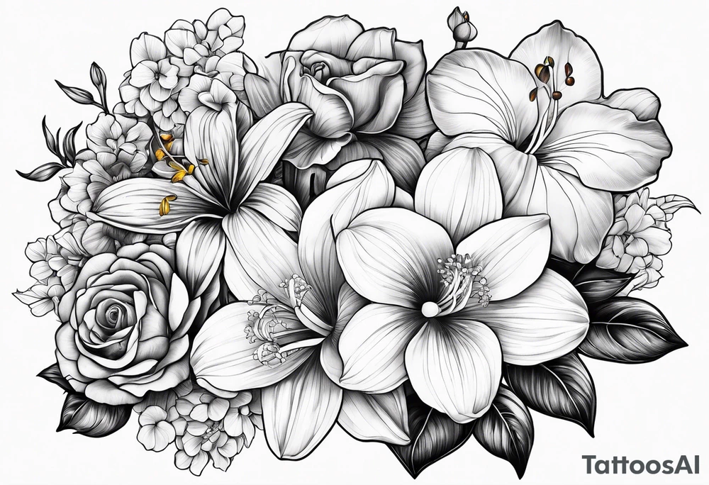 Rose orchid lily marigolds hydrangeas begonia dog wood gerber daisies tattoo idea