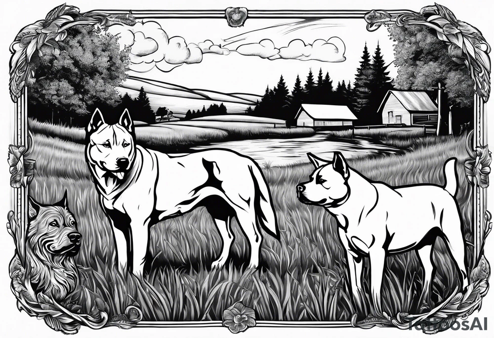 husky and pitbull looking at cows in cow pasture tattoo idea