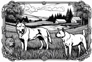 husky and pitbull looking at cows in cow pasture tattoo idea