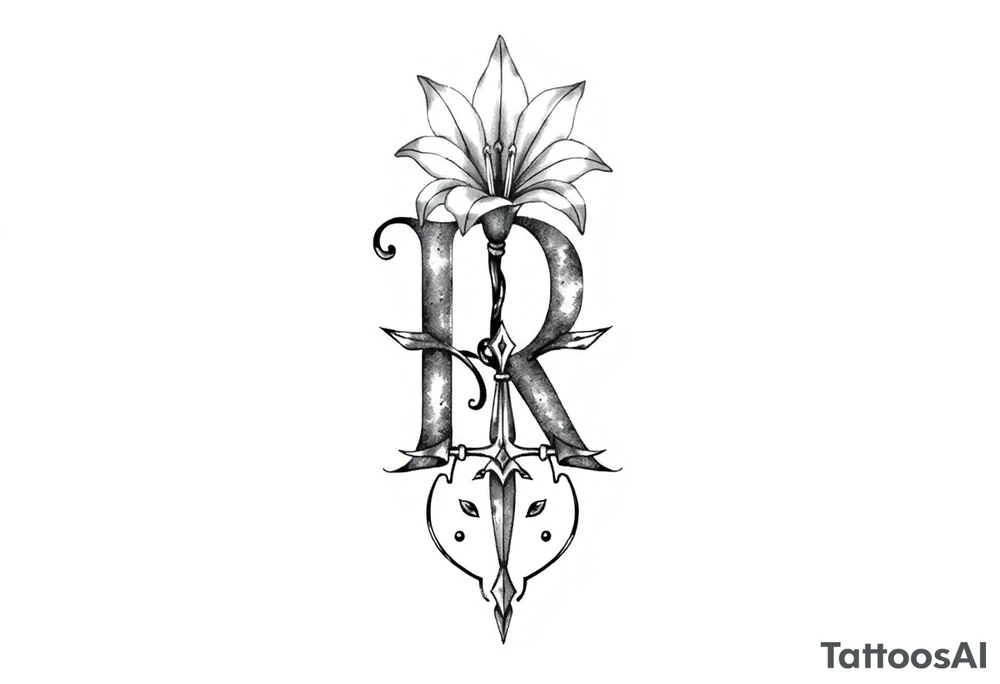 Give me a 'R' with a lily come out the top and a Sagittarius at the bottom tattoo idea