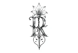 Give me a 'R' with a lily come out the top and a Sagittarius at the bottom tattoo idea