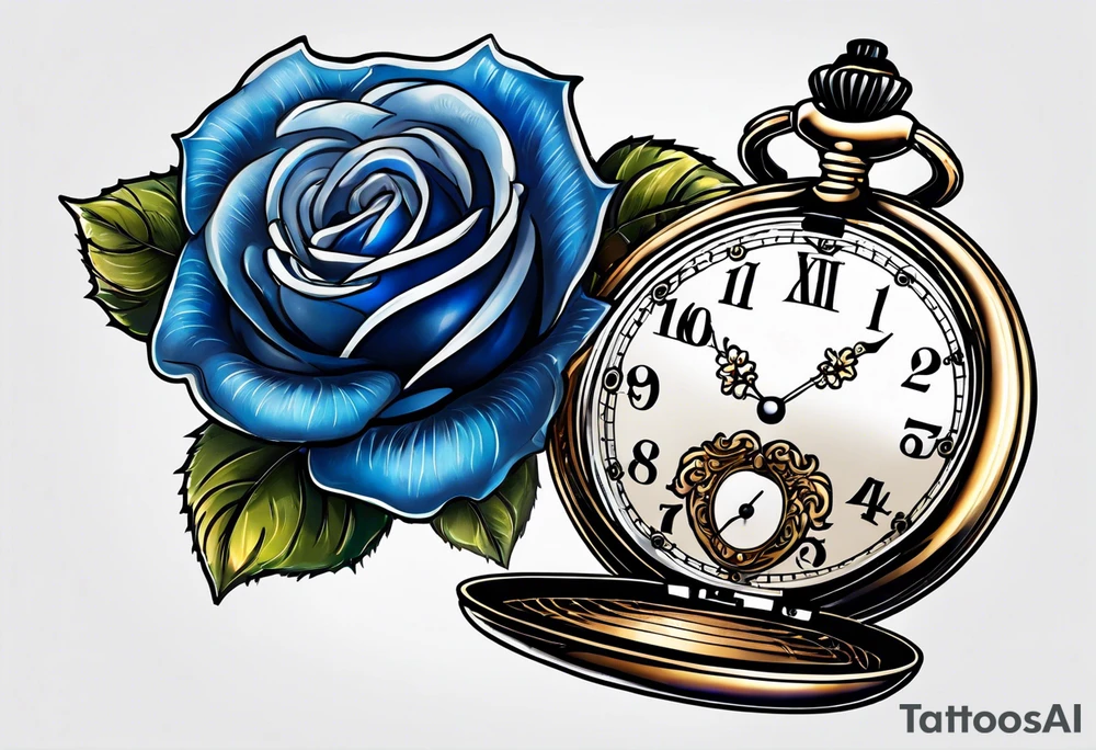 Pocket watch with blue roses tattoo idea