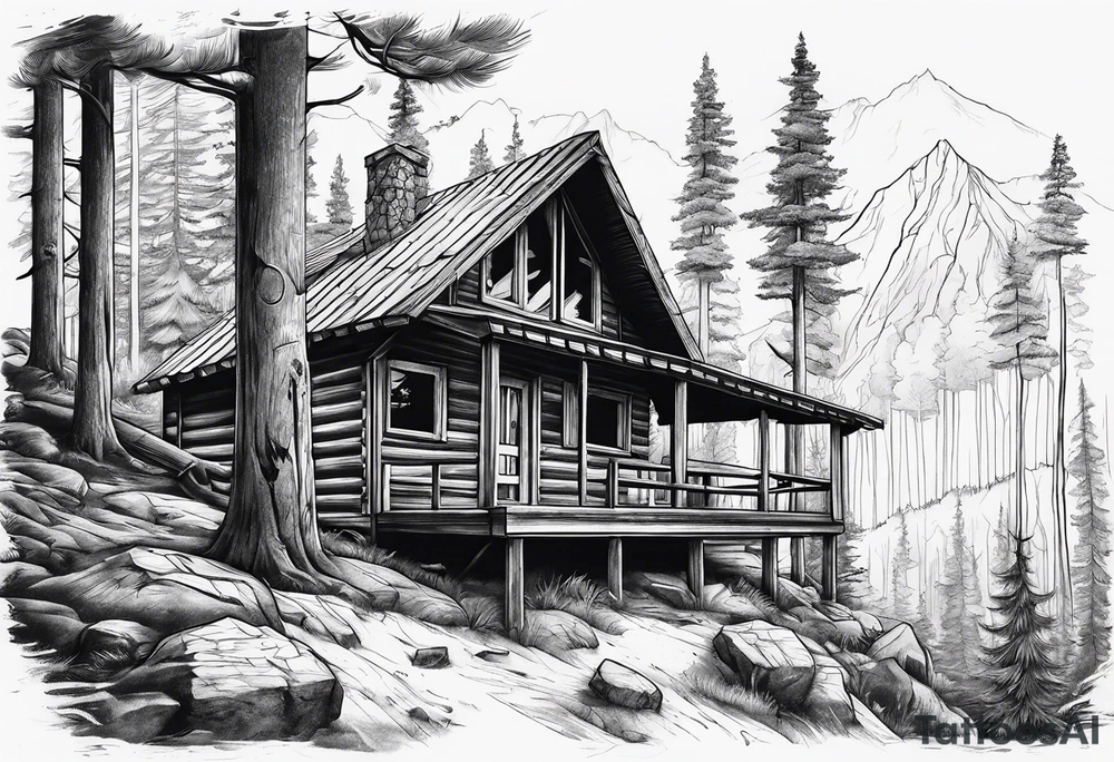 Woods with a cabin and a wolf tattoo idea