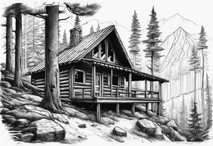 Woods with a cabin and a wolf tattoo idea