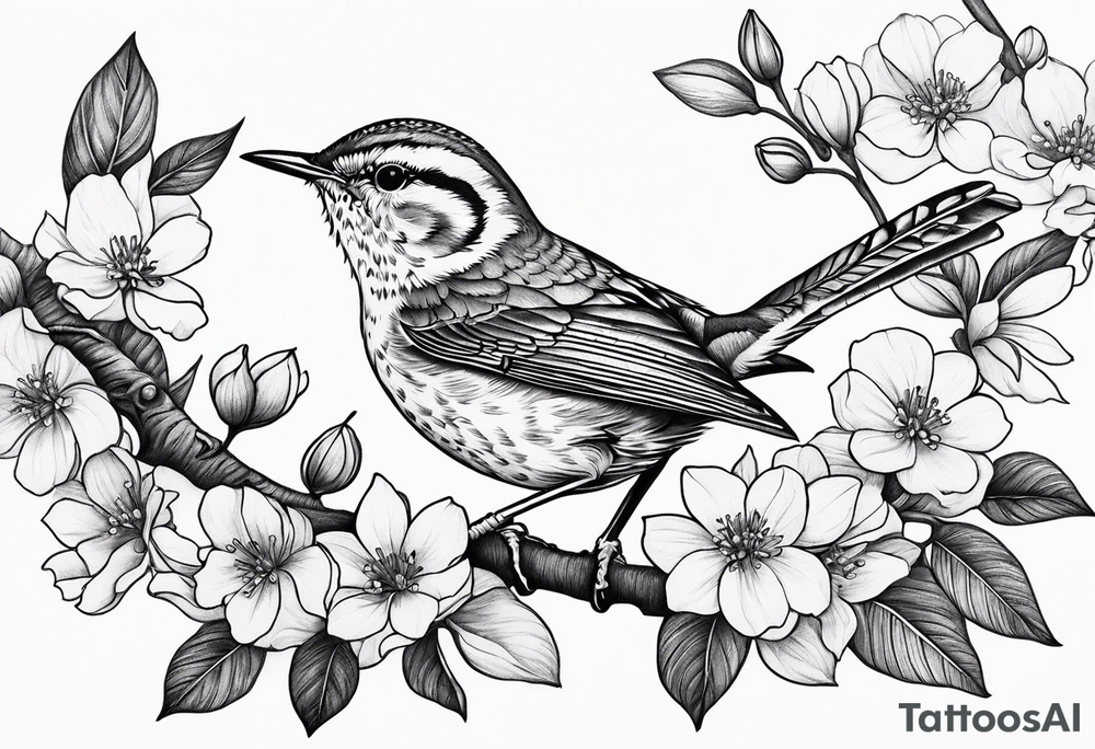 Create a delicate tattoo of a wren nestled among blossoms, highlighting its small size and charming features tattoo idea