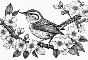 Create a delicate tattoo of a wren nestled among blossoms, highlighting its small size and charming features tattoo idea