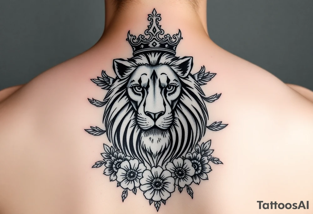powerful majestic lion with a crown, surrounded by floral ornaments and birds tattoo idea