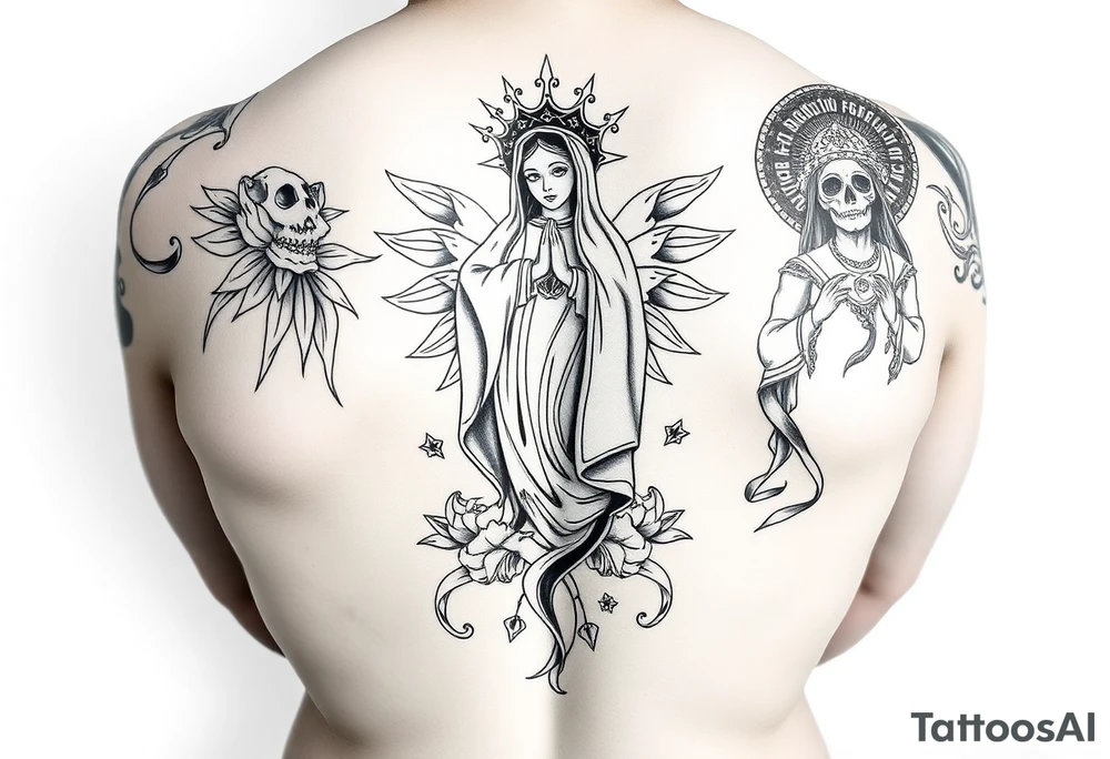 “SOUTHEND” upper back from shoulder blade to shoulder blade with mexican theme Guadalupe and Santa Muerte tattoo idea
