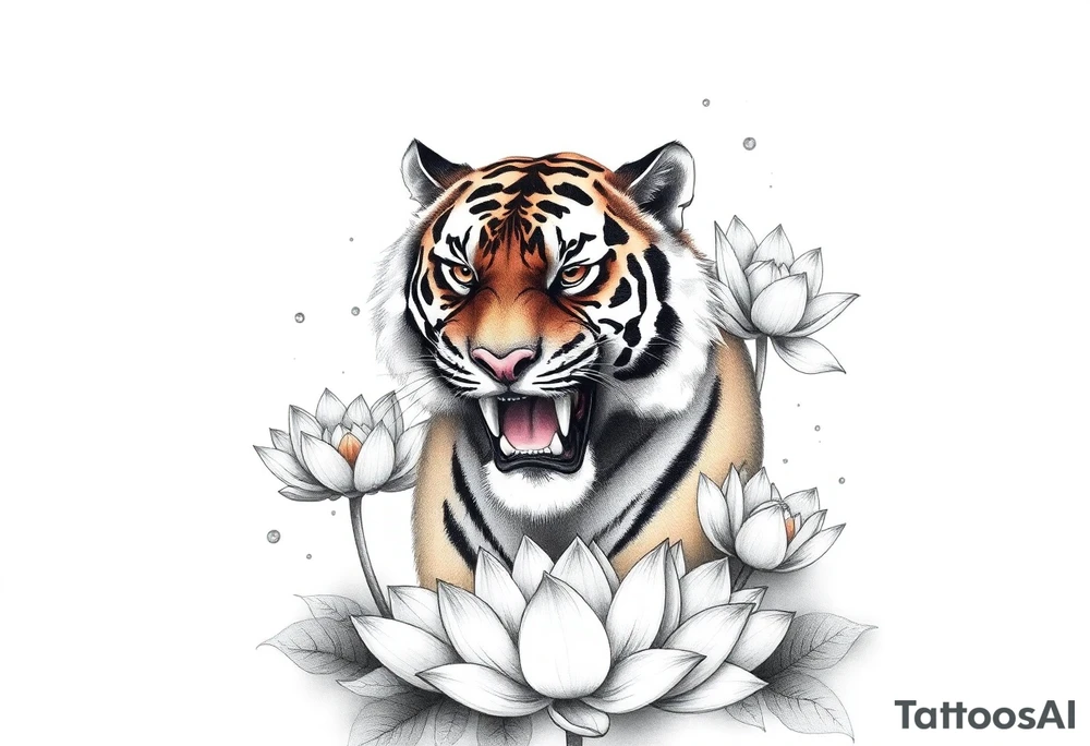 fierce tiger emerging through blooming lotus flowers in mist tattoo idea
