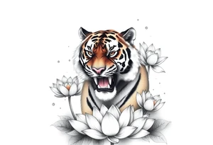 fierce tiger emerging through blooming lotus flowers in mist tattoo idea