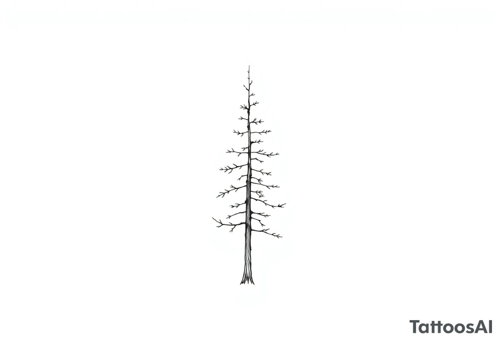 A sleek pine tree rendered in a single continuous outline. The trunk contains faint, horizontal internal lines that subtly resemble growth rings, symbolizing personal development and resilience. The design is simple yet meaningful, evoking growth and strength. tattoo idea