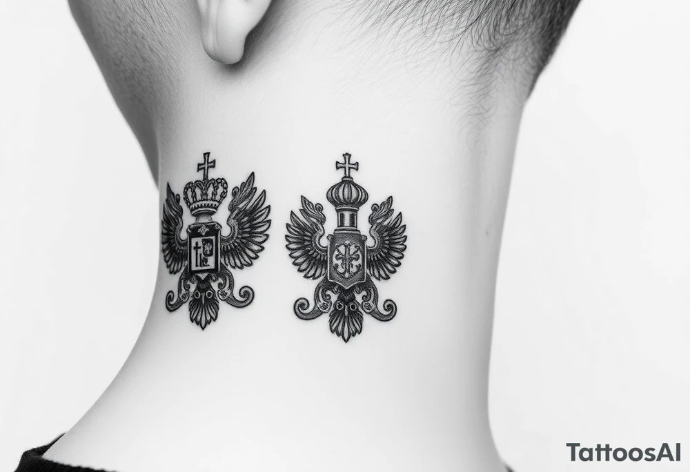 russian coat arms in a russian christian orthodox cross style virgin mary & orthodox dome church on the side of the neck tattoo idea